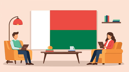 Two people relax on chairs, engaged with tablets, a flag hangs on wall