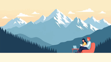 Two people relax on beanbags by a laptop with majestic snowy mountains behind