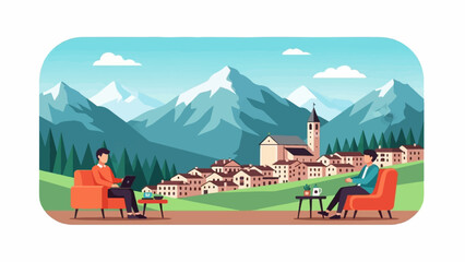 Two people relax on chairs with laptops and drinks in a village by the mountains