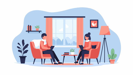 Two people relax in armchairs reading books, facing each other in a cozy room