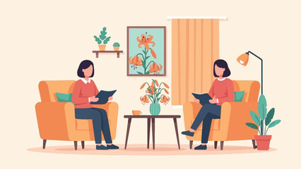 Two people relax in armchairs reading books in a cozy living room setting