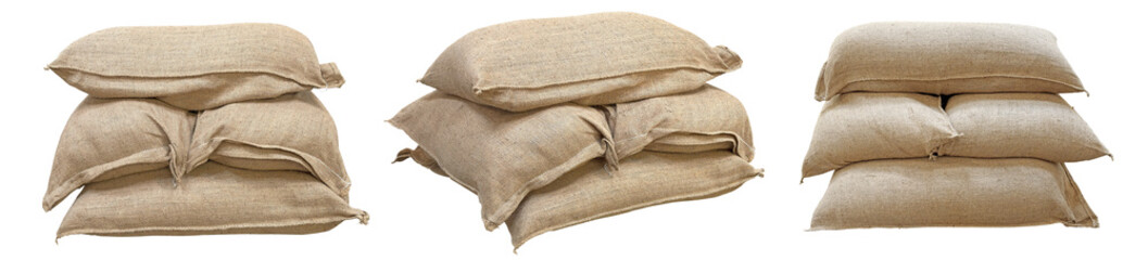 Stacked burlap sacks or coffee bean burlap sack. Stacked burlap sacks, pile of beige bags, storage and protection on transparent background. Png