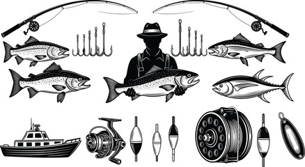 Fishing equipment and fisherman silhouette set with rods, fish, hooks, reels, boat and tackle elements, vintage fishing illustration isolated © Mst