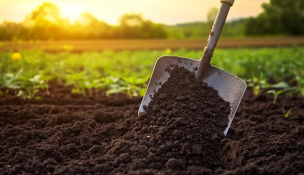 Garden shovel stuck in dark soil, wooden handle with metal spade blade, freshly dug earth with rich texture, green agricultural field in background, rolling hills and farmland landscape