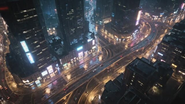 Time lapse of Aerial drone view of night city street with traffic and rain