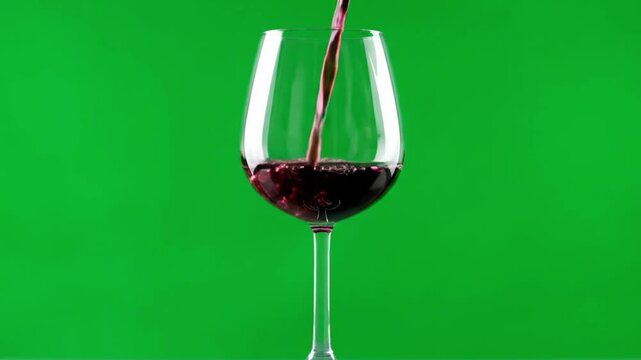 Red Wine Pouring into a Glass on a Green Screen Background.