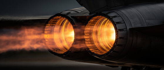 Twin jet engine exhaust pipes glowing with heat on aircraft at night technology minimal