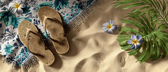 Summer background with  beach scene with patterned towel and tropical flipflops on warm sand