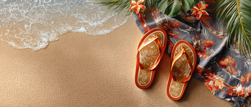 Summer background with  beach scene with patterned towel and tropical flipflops on warm sand