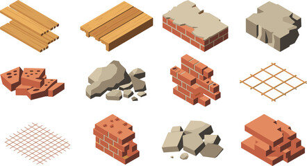 Construction materials illustration set, wood planks bricks stones concrete blocks metal mesh isolated on white background, flat vector icons collection