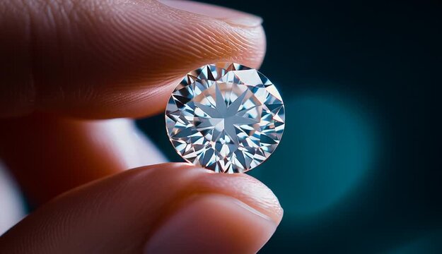 Close-up macro shot of human fingers holding a brilliant round cut diamond, perfect facets reflecting light with starburst effect, crystal clear gemstone between thumb and index finger
