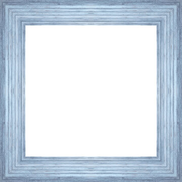 Breiter leerer quadratischer hellblauer Bilderrahmen aus lackierten Holz mit wei&szlig;en Hintergrund