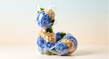 Obraz premium Minimal whimsical sculpture of a transparent balloon fox filled with blue and beige hydrangea blossoms, resting on a clean surface against a soft pastel gradient background