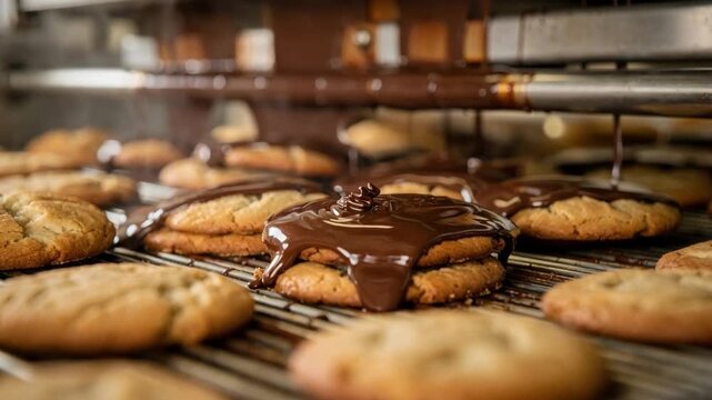 Medium shot capturing cookies being halfdipped showing the contrast between golden dough and glossy chocolate layer in a production line.