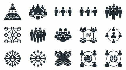 Obraz premium Business icons showing team groups, organizational hierarchy and global networking, concept for management structure, collaborative projects and corporate strategic planning
