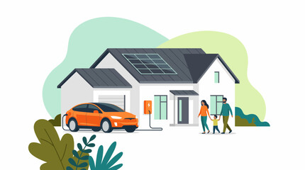 Fototapeta premium Family approaching modern home with rooftop solar panels and electric vehicle charging, concept for sustainable energy, residential technology and future innovation