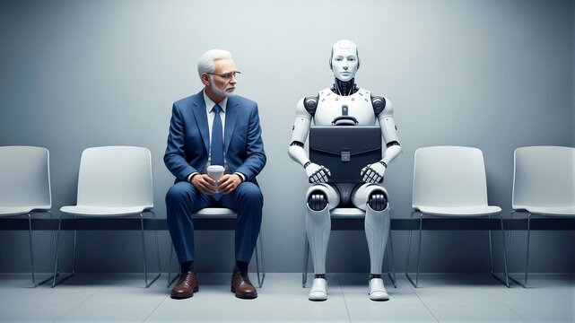 Elderly businessman in blue suit holding coffee sits beside humanoid robot with briefcase in minimalist waiting room, highlighting contrast between human worker and artificial intelligence