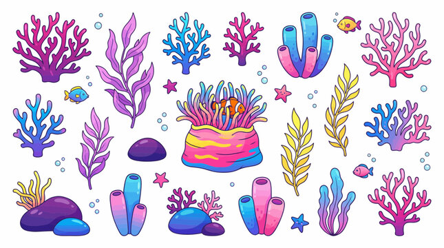 Colorful vector set of vibrant deep-sea corals, seaweed, fish, starfish and a clownfish nestled in an anemone, concept for children's books, educational apps and aquatic branding
