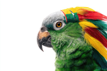 Close-up portrait of a parrot with multi-colored feathers on a white background. Space for text.