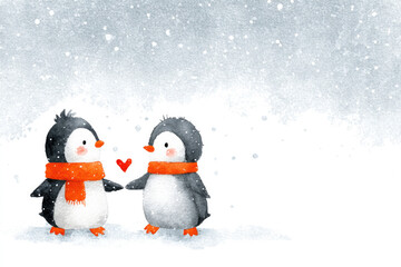 Fototapeta premium Watercolor penguins with scarves and heart in between. Space for text.