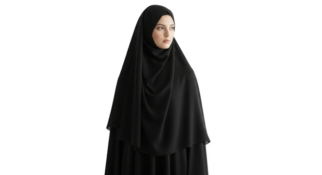 Young woman wearing a traditional black hijab and abaya, looking thoughtfully to the side, showcasing modest Islamic fashion. isolated PNG with Transparent Background