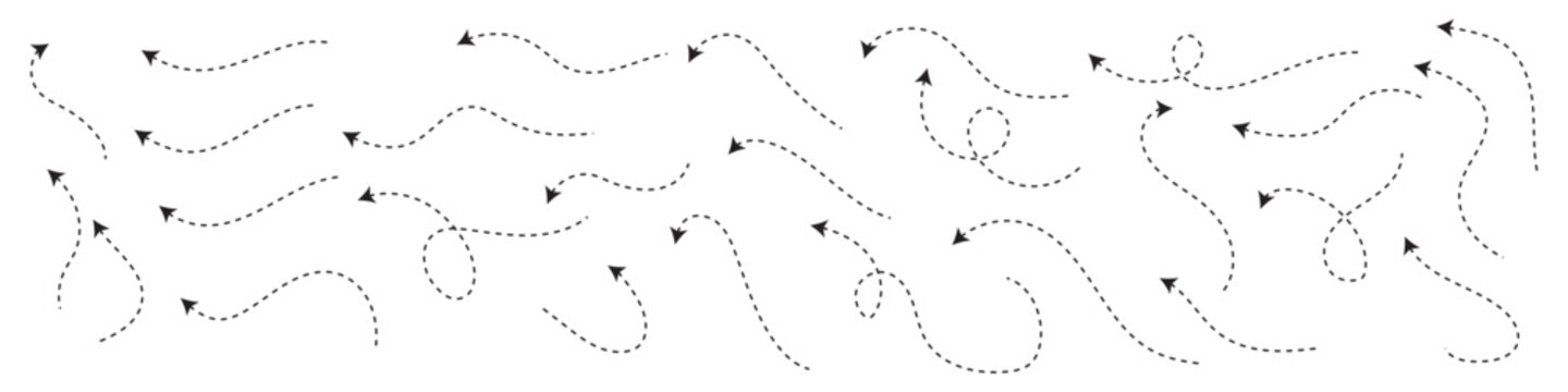 Hand drawn curve dotted line arrow set. Sketchy directional pointer symbols. Creative dashed line vector arrows.