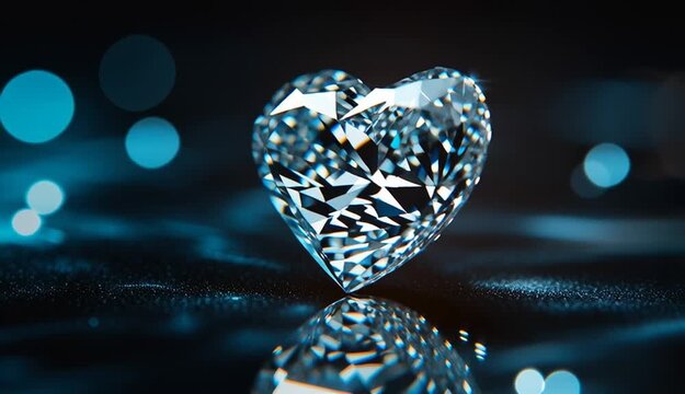 Heart-shaped diamond on dark reflective surface, perfect brilliant cut with visible facets, crystal clear gemstone with internal light refraction, dark black gradient background
