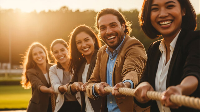 A group of diverse, happy business professionals participating in a tug-of-war teambuilding activity outdoors at sunset, symbolizing unity, strength, and collaborative effort