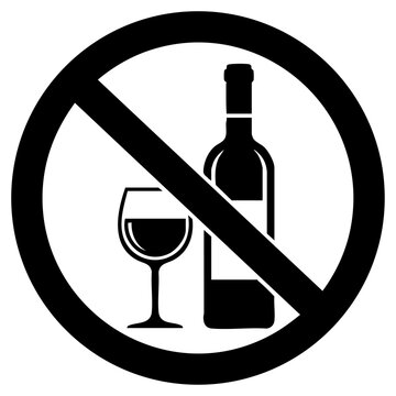 Black and white no alcohol prohibited sign icon with wine bottle and glass symbol