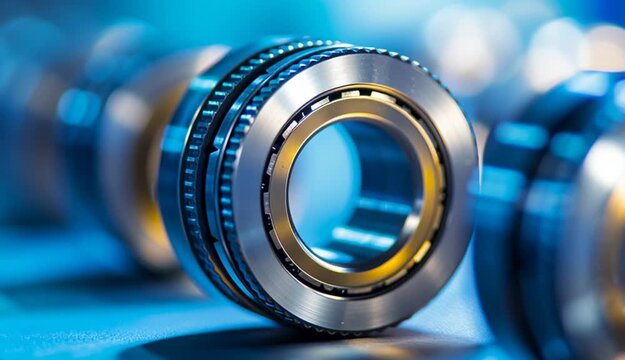 Industrial ball bearings on metal surface, close-up macro photography of cylindrical roller bearings, metallic steel rings with visible ball bearings inside