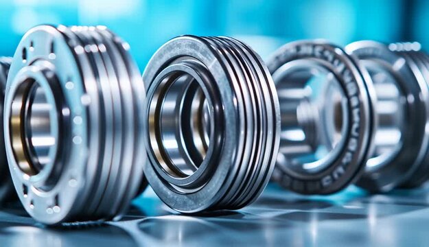 Industrial ball bearings on metal surface, close-up macro photography of cylindrical roller bearings, metallic steel rings with visible ball bearings inside