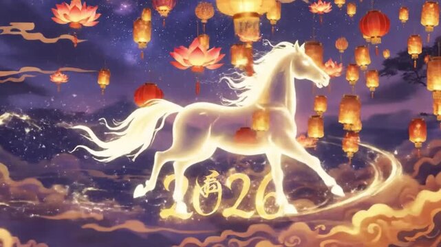 Magical White Horse Running in Starry Sky with 2026 Text and Lanterns, creating a magical New Year atmosphere. Chinese New Year. Lunar New Year