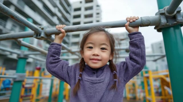 At an urban playground, a Japanese girl is playing on monkey bars.