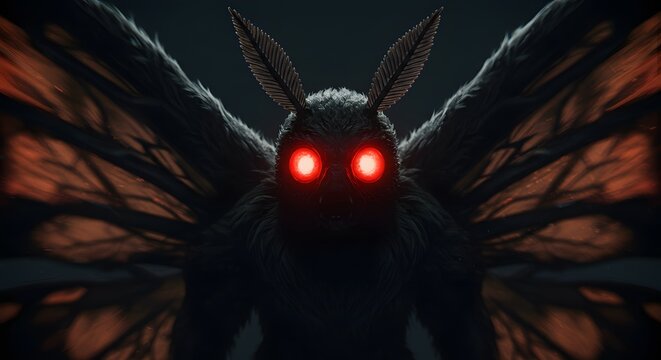 A terrifying, large moth creature with glowing red eyes and detailed, shadowy wings