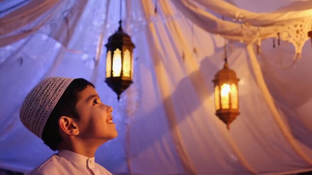 Ramadan Kareem Stock Video of Muslim Boy Smiling at Lanterns