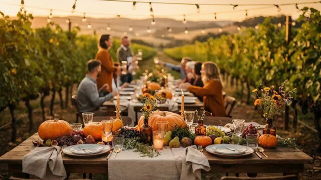 Harvest dinner in a vineyard showcasing long wooden tables between grapevines decorated with seasonal produce and warm lighting for a cozy celebration.