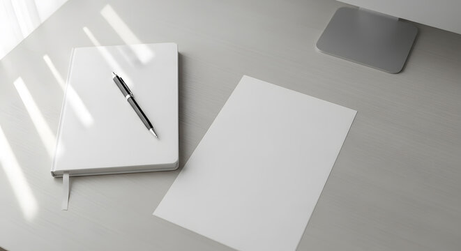 Clean Desk Setup: White Notebook, Pen, and Blank Paper in a Bright, Minimalist Workspace for Planning or Study