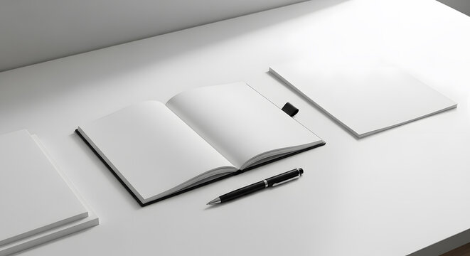Open Blank Notebook and Pen on Clean White Desk: Minimalist Workspace for Planning, Writing, or Design Mockup