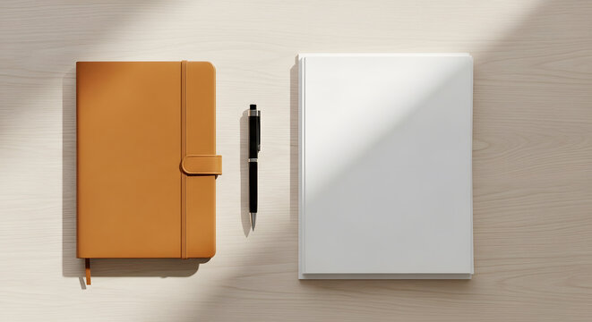 Minimalist workspace: brown leather notebook, blank white book, and pen on wood surface with sun shadows, flat lay.