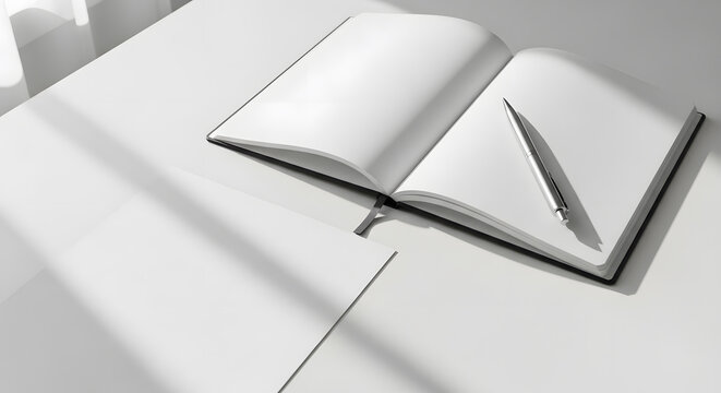 Blank Open Notebook with Pen on White Desk, Minimalist Design, Natural Light and Shadows, Ready for Ideas and Creativity