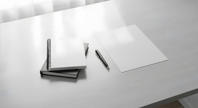 Minimalist White Desk with Blank Notebooks, Paper, and Pen. Clean Workspace for Productivity and Study.