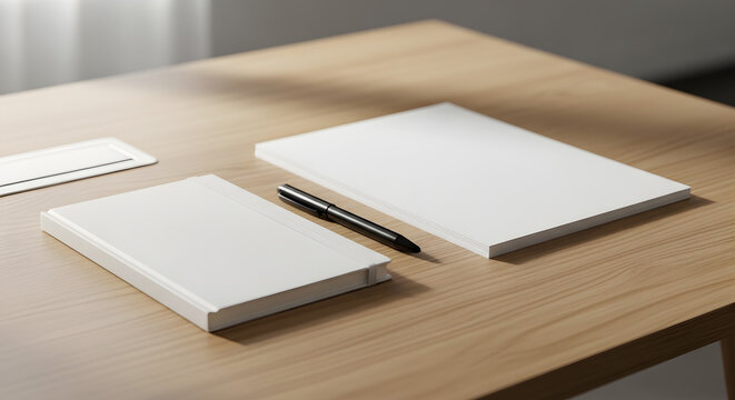 Minimalist workspace with two white notebooks and a pen on a clean wooden desk. Organized study or office environment with natural light.