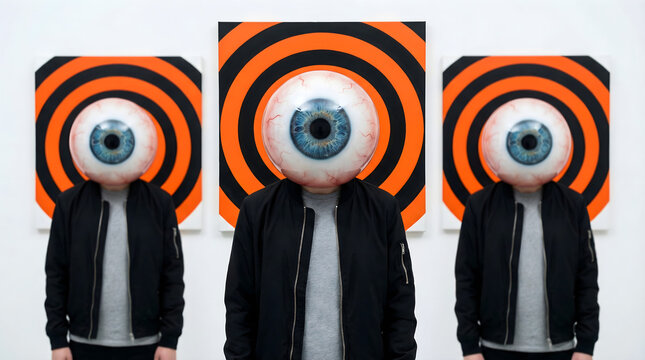 Three men in a black jacket and grey shirt, with three circles behind him, each containing a single large eyeball. The background is plain white.