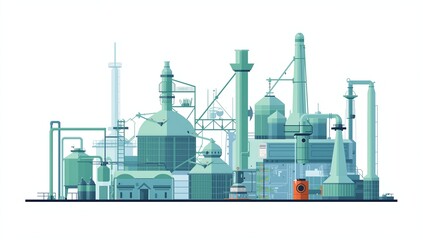 Obraz premium A detailed illustration of a modern industrial facility featuring green and blue machinery with tall chimneys and storage tanks against a white background
