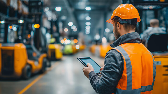Young supervisor reviewing maintenance schedule on tablet, warehouse floor near forklift, over-shoulder view, cool corporate lighting, reportage style, maintenance schedule planning, forklift upkeep