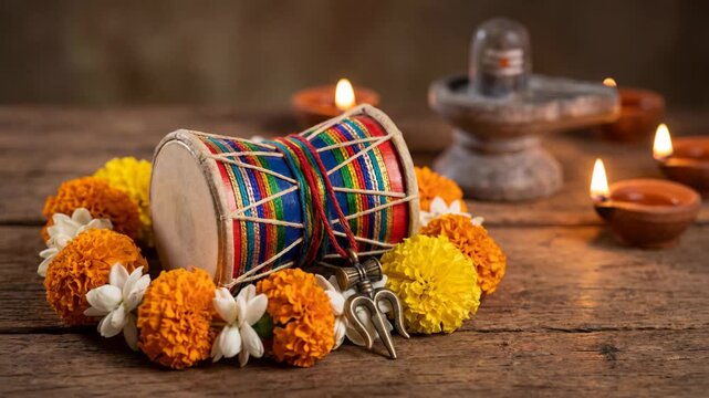 Still life with a colorful damaru drum, .shivas trident, a flower garland, and a small Shiva Lingam with oil lamps on a wooden table. Sacred objects for Hindu rituals and Maha Shivaratri celebration