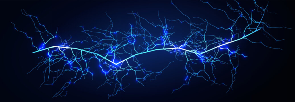 Lightning Thunderbolt Strike Black Night Background, Blue Glow Light Effect Thunder Bolt. Realistic Spark Lightening Discharge Burst, Electric Shock Current. Energy Charge Line. Vector Illustration.