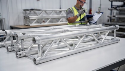 Medium shot of modular truss chord units being inspected for quality control focusing on exact profiles and engineered stability for versatile building applications.