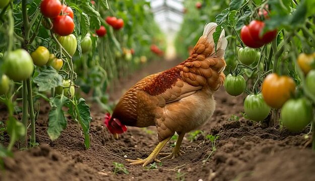 Orange-brown hen pecking at ground in greenhouse tomato garden, chicken foraging between rows of tomato plants, red and green tomatoes hanging on vines on both sides
