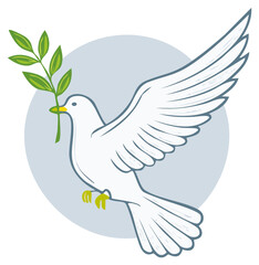 Obraz premium White bird in flight holding a leafy branch symbolizing peace, hope, forgiveness, new beginnings, and tranquility